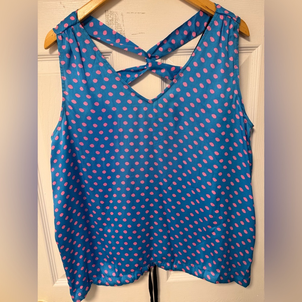 Blue and pink polka dot women’s tank top, size L casual chic Y2K